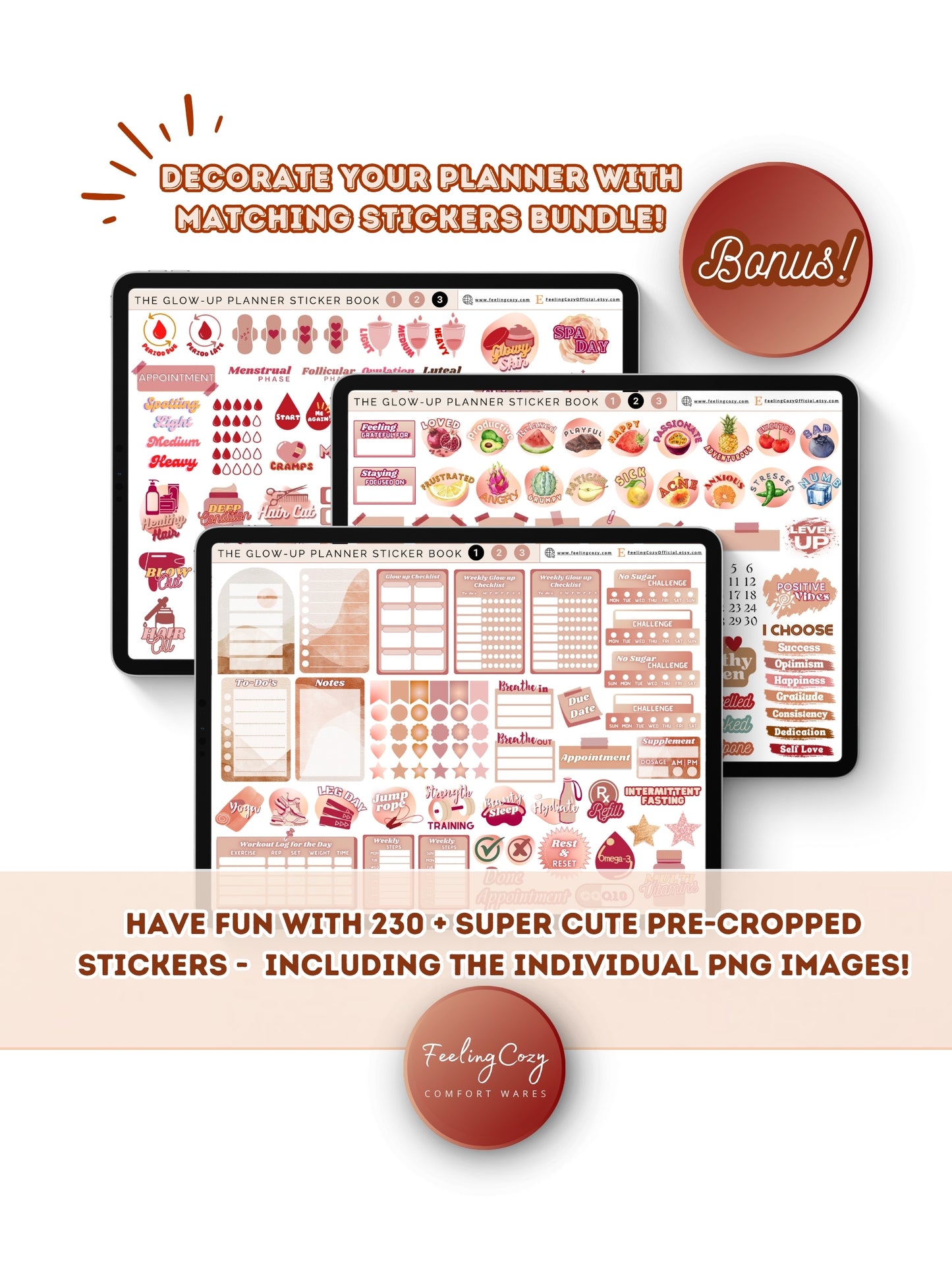 Bonus digital stickers bundle for The Glow-Up Planner beige landscape — 230+ pre-cropped wellness stickers for fitness, beauty, mood, cycle, and skincare in Goodnotes by Feeling Cozy