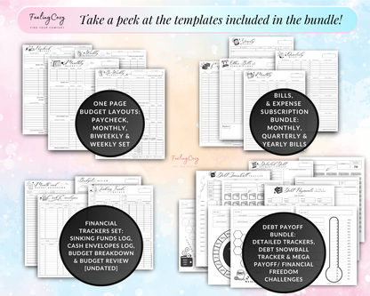 Paycheck Budget, Monthly Budget, Biweekly Bydget, Bill tracker, expense tracker, sinking fund tracker, cash envelopes log, budget review template, dept payoff tracker, debt payoff challenges