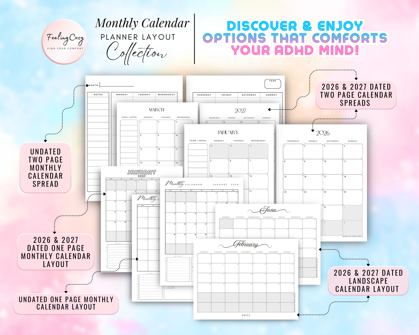 Monthly calendar planner layout collection for Happy Planners featuring 2026 and 2027 dated two-page and one-page spreads. Includes undated monthly calendar layouts, landscape calendar options, and ADHD-friendly organization designs in minimalist black and white.