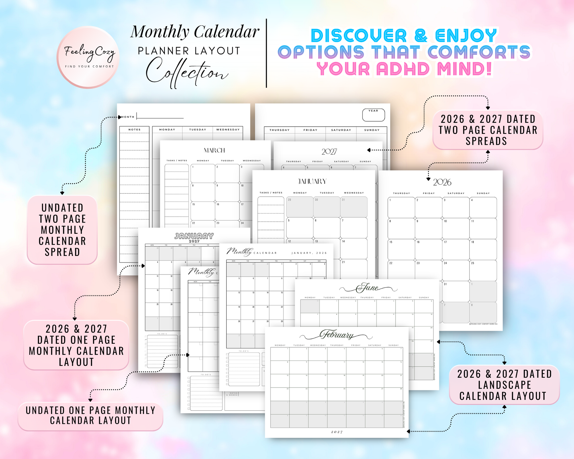 Monthly calendar planner layout collection for Happy Planners featuring 2026 and 2027 dated two-page and one-page spreads. Includes undated monthly calendar layouts, landscape calendar options, and ADHD-friendly organization designs in minimalist black and white.