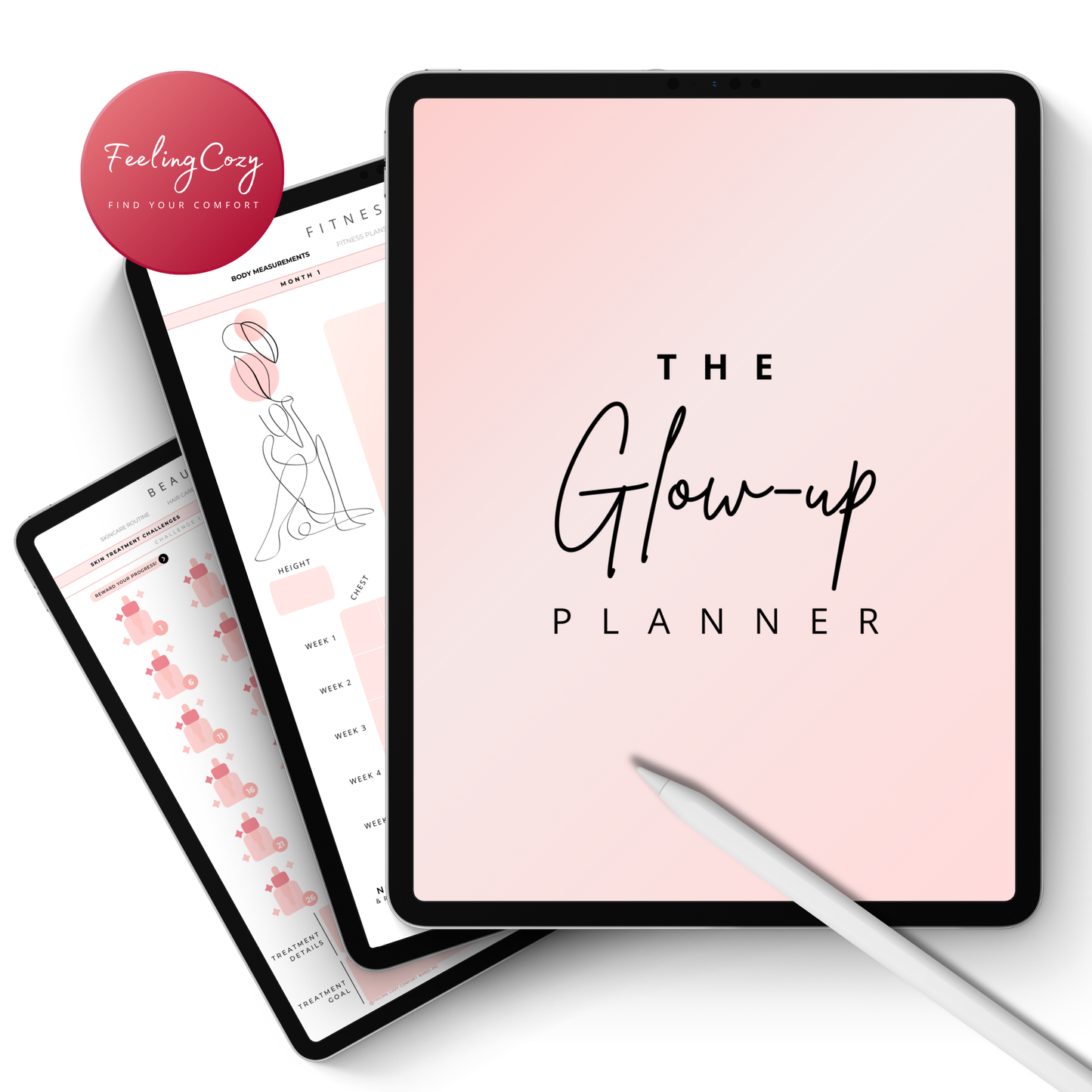 Main listing image of the 2026 Digital Glow-up Fitness Planner on an iPad. Features a pink aesthetic portrait design with hyperlinked tabs for weight loss tracking, workout routines, and 3-month glow-up challenges for Goodnotes.