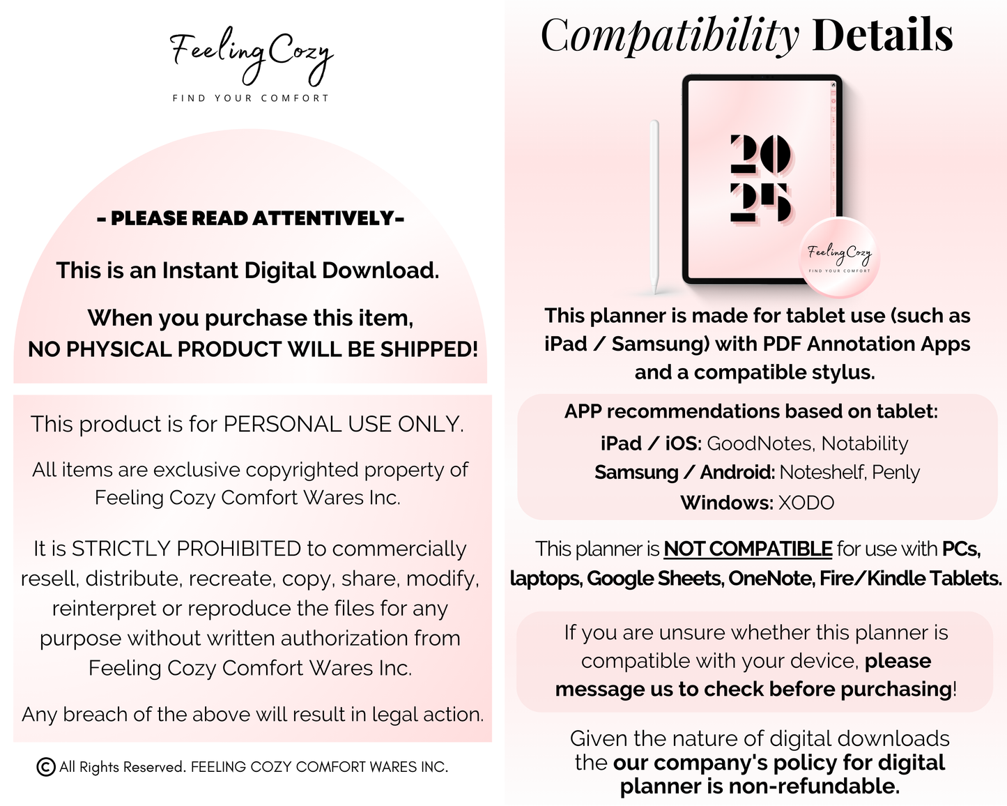 Compatibility details for the 2026 Digital Planner by Feeling Cozy. The graphic outlines supported devices like iPad and Samsung tablets, recommended apps such as Goodnotes, Notability, and Noteshelf, and notes that it is an instant digital download for personal use only.