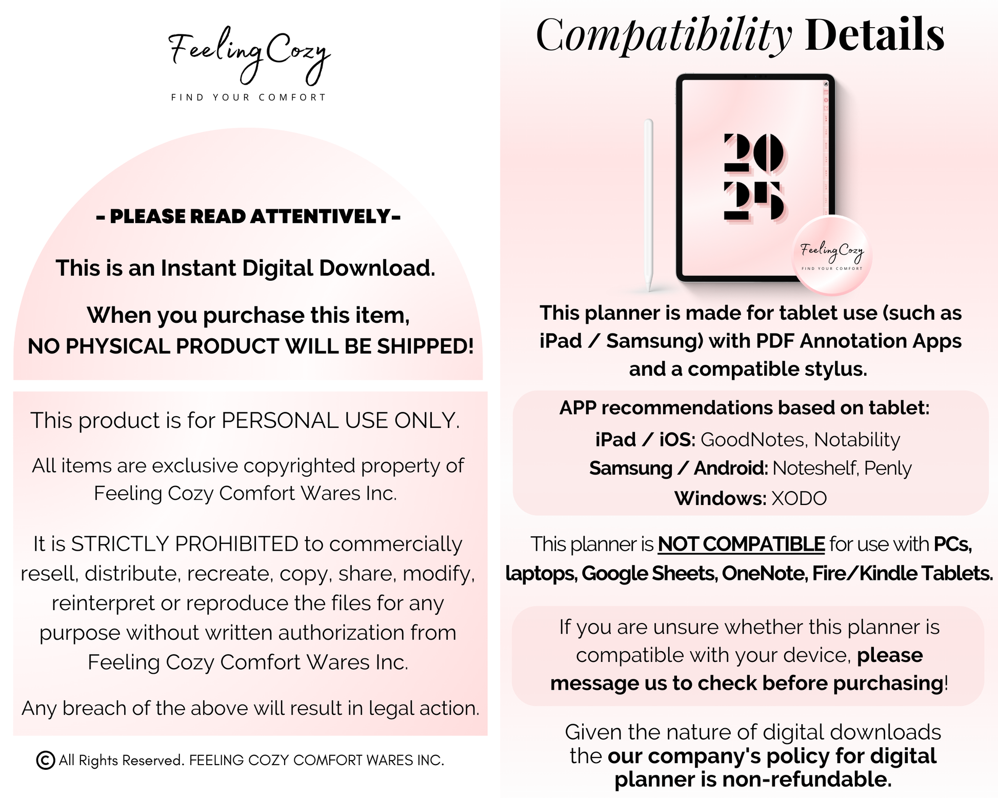 Compatibility details for the 2026 Digital Planner by Feeling Cozy. The graphic outlines supported devices like iPad and Samsung tablets, recommended apps such as Goodnotes, Notability, and Noteshelf, and notes that it is an instant digital download for personal use only.