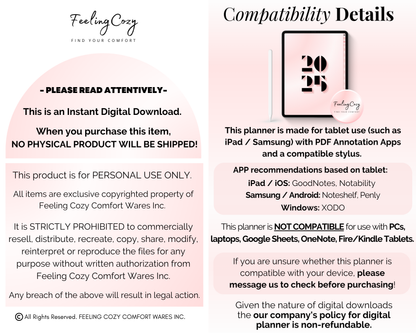 Compatibility details for the 2026 Digital Planner by Feeling Cozy. The graphic outlines supported devices like iPad and Samsung tablets, recommended apps such as Goodnotes, Notability, and Noteshelf, and notes that it is an instant digital download for personal use only.