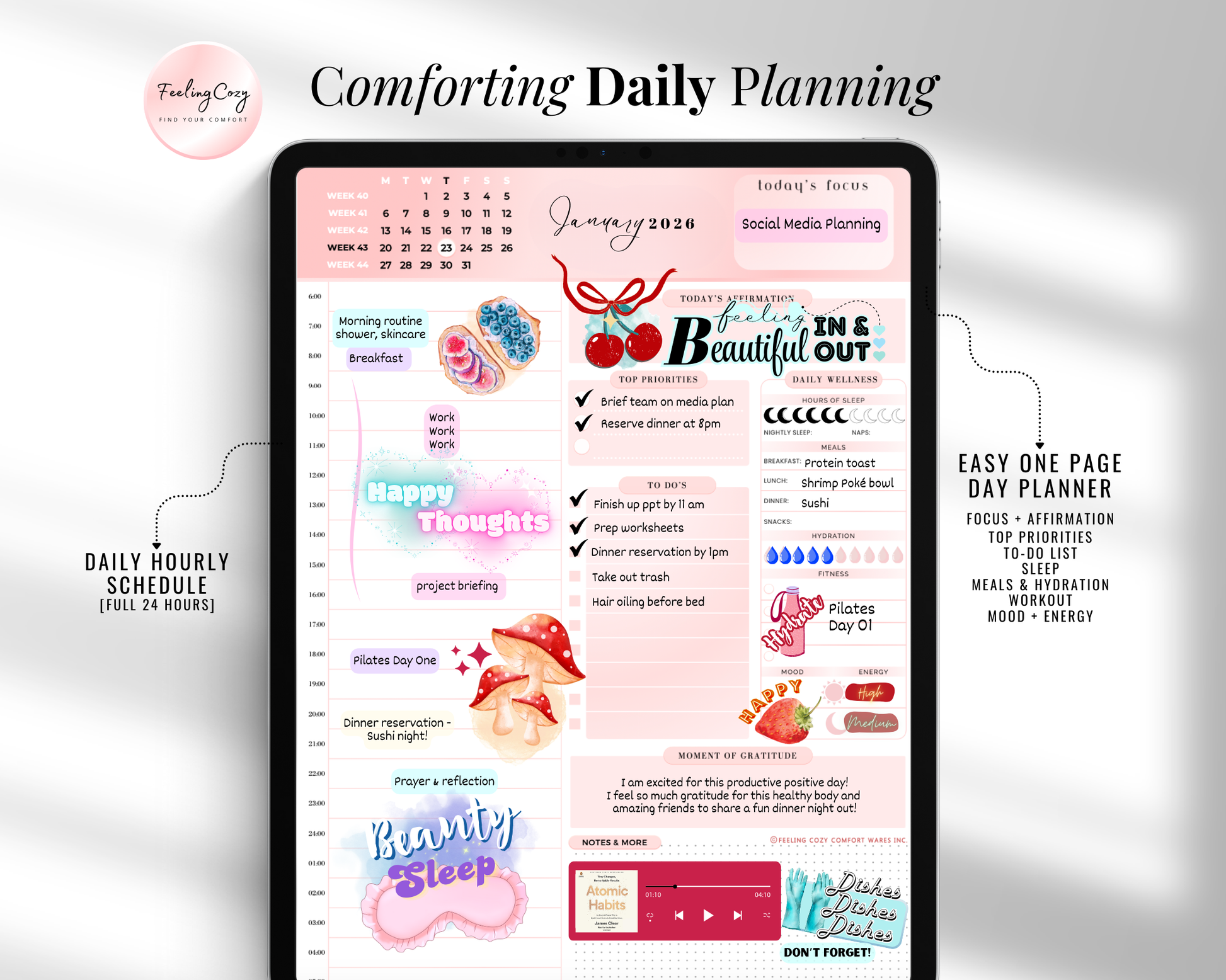 Detailed view of the 2026 Digital Daily Planner page for Goodnotes. The graphic displays an easy one-page layout featuring a full 24-hour hourly schedule, sections for daily focus and affirmations, and wellness trackers for sleep, meals, hydration, workout, and mood in a pink aesthetic.
