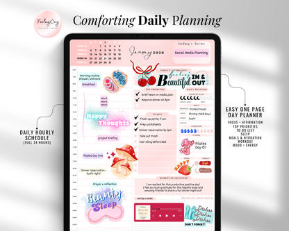 Detailed view of the 2026 Digital Daily Planner page for Goodnotes. The graphic displays an easy one-page layout featuring a full 24-hour hourly schedule, sections for daily focus and affirmations, and wellness trackers for sleep, meals, hydration, workout, and mood in a pink aesthetic.