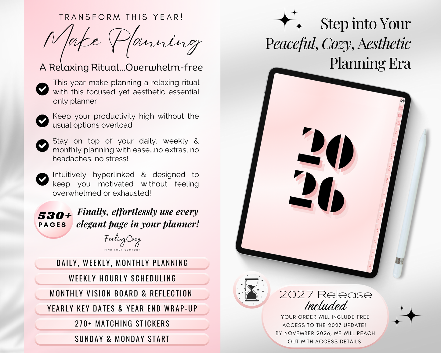 2026 Digital Planner features for Goodnotes and Notability including 530+ pages, matching stickers, and yearly vision boards in a cozy pink theme.