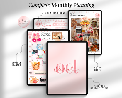 Feature breakdown of the 'Complete Monthly Planning' section in the 2026 Digital Planner. The graphic shows four iPad screens featuring a monthly calendar, a monthly review and reflection page, an autumn-themed vision board, and an aesthetic pink October cover for Goodnotes.