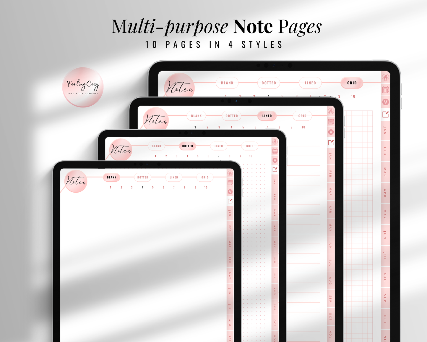 A display of the 2026 Digital Planner's multi-purpose note pages on four iPads. The graphic highlights 10 pages available in 4 styles: Blank, Dotted, Lined, and Grid, all featuring a minimalist pink aesthetic for Goodnotes and Notability.