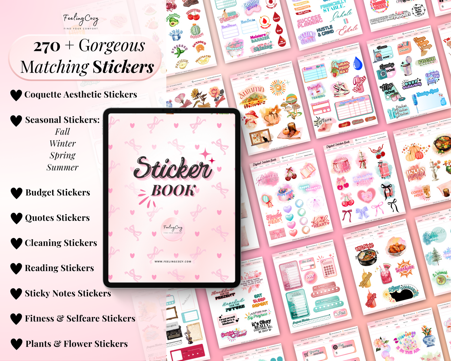 A collection of 270+ matching digital stickers for the 2026 Digital Planner, featuring a pink coquette aesthetic. The graphic shows a digital sticker book on an iPad with categories for seasonal, budget, fitness, and self-care stickers compatible with Goodnotes.