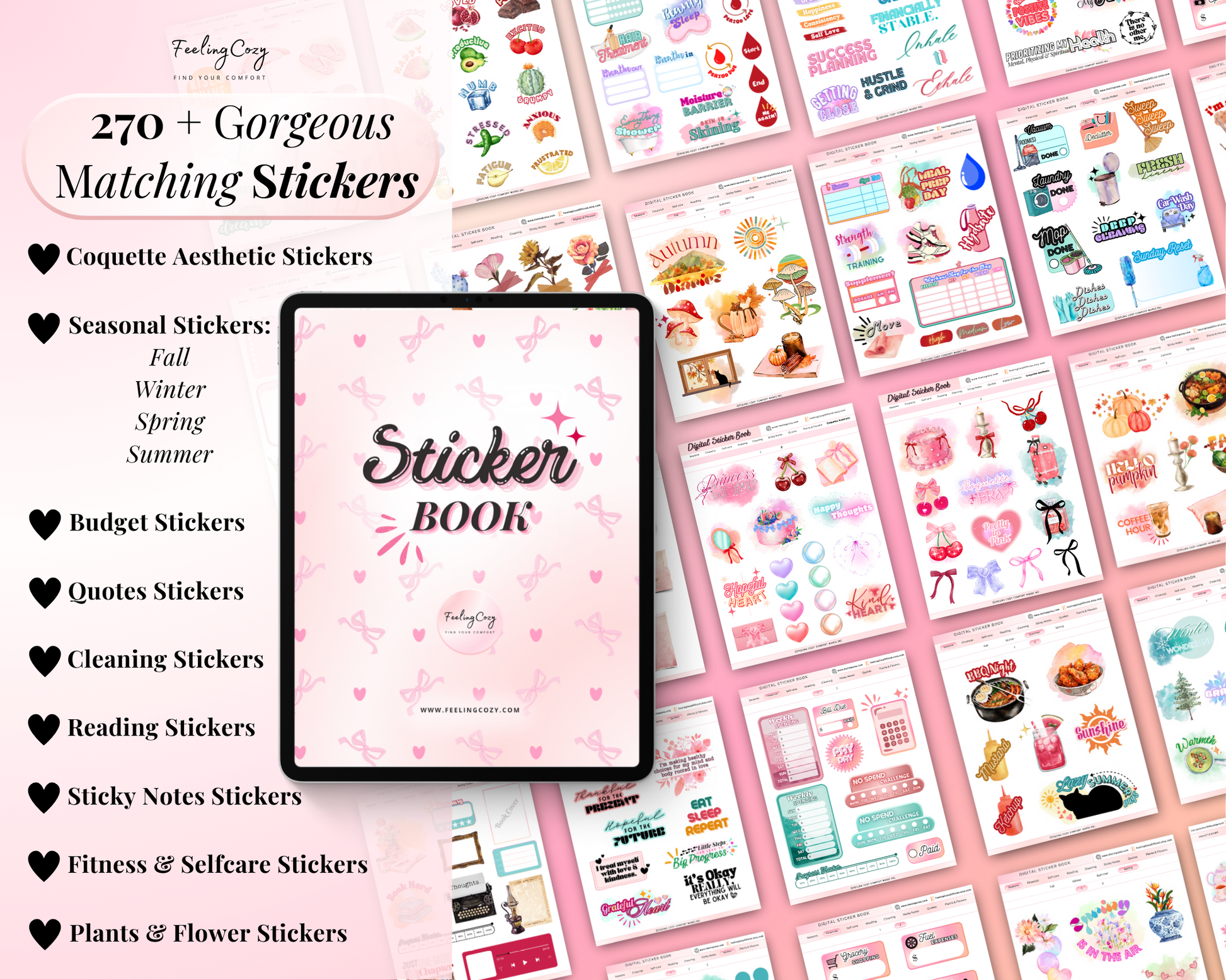 A collection of 270+ matching digital stickers for the 2026 Digital Planner, featuring a pink coquette aesthetic. The graphic shows a digital sticker book on an iPad with categories for seasonal, budget, fitness, and self-care stickers compatible with Goodnotes.