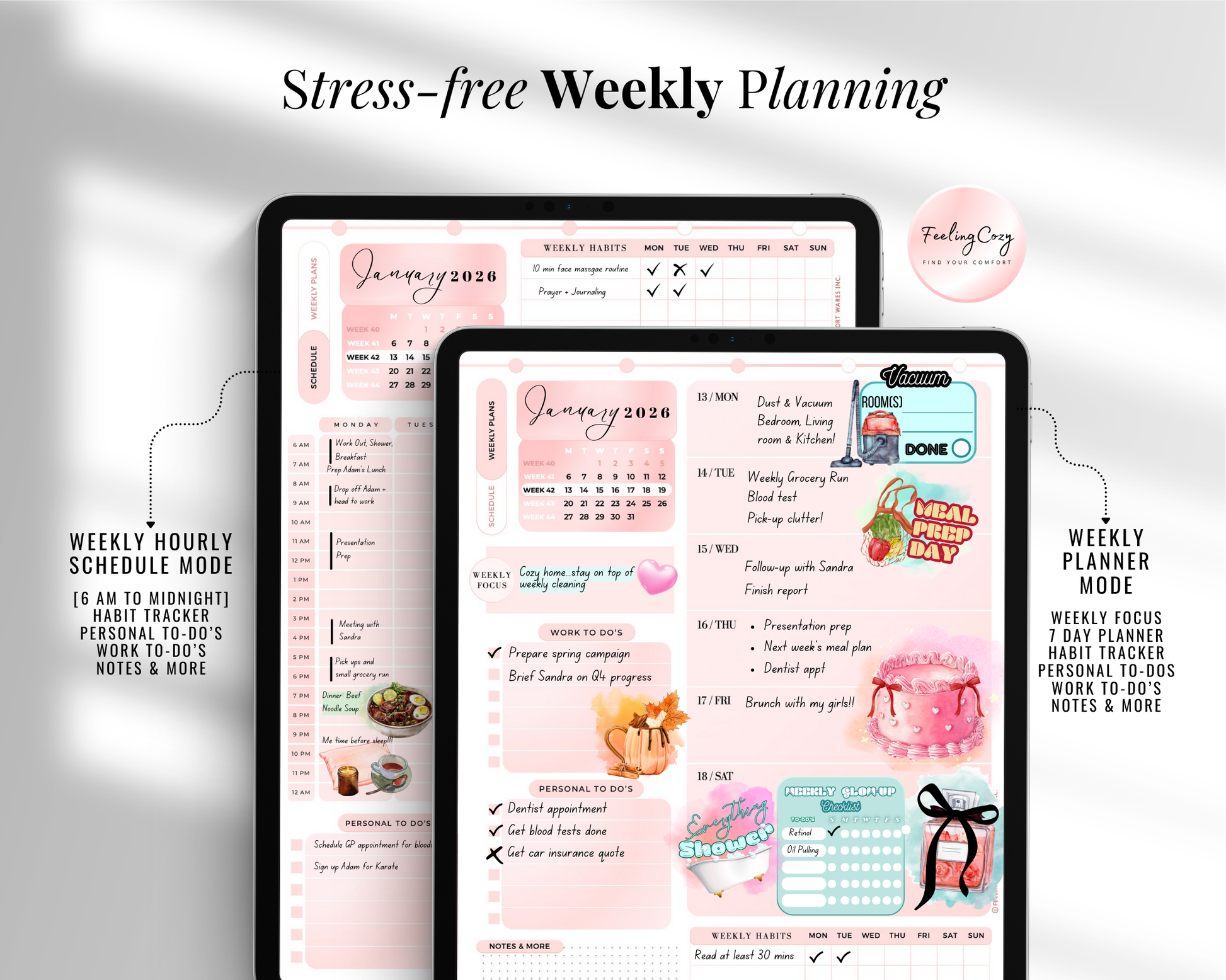 Two iPad screens showing the 2026 Digital Planner weekly layouts. The left side features the Weekly Hourly Schedule Mode with a 6 AM to midnight timeline, and the right side shows the Weekly Planner Mode with a 7-day layout, habit tracker, and sections for personal and work to-do's in a pink aesthetic.