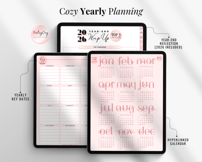 Features of the 2026 Digital Planner's yearly planning section on an iPad. The graphic shows three screens: a yearly key dates log, a pink aesthetic hyperlinked yearly calendar, and a 2026 year-end reflection wrap-up page with a bonus 2025 review included.