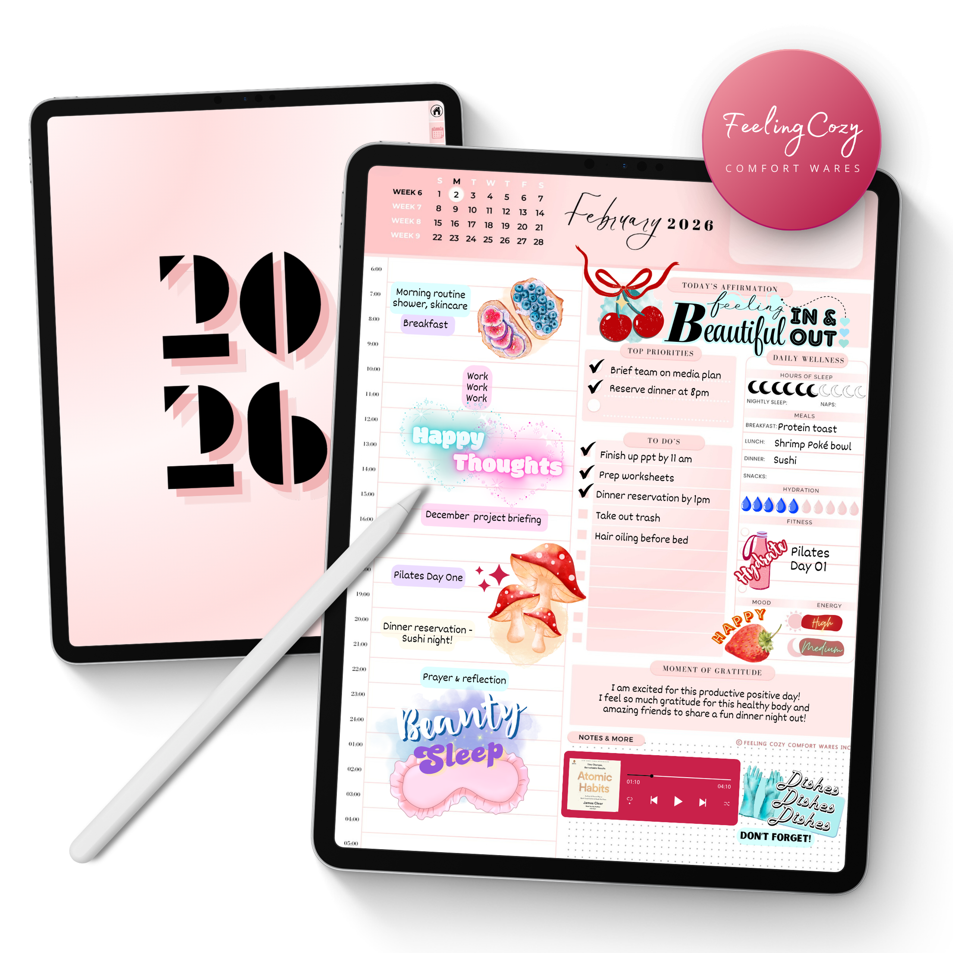 2026 Digital Planner for iPad and Goodnotes featuring a simplified pink aesthetic. Main listing image showing daily wellness, weekly schedule, and monthly planning pages with a stylus on a tablet.