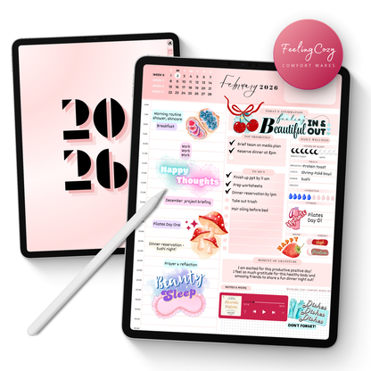 2026 Digital Planner for iPad and Goodnotes featuring a simplified pink aesthetic. Main listing image showing daily wellness, weekly schedule, and monthly planning pages with a stylus on a tablet.