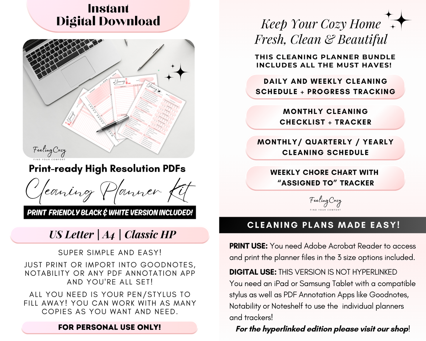 Cleaning Schedule Bundle:  Daily / Weekly / Monthly Home Chore Chart | Cleaning Planner Printable