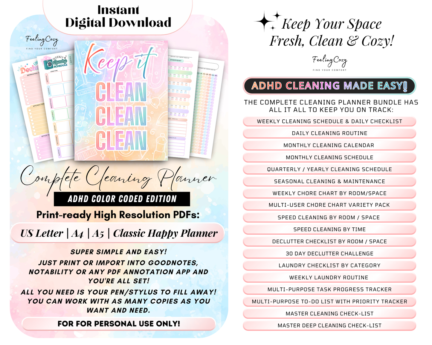 ADHD Cleaning Planner Bundle: Cleaning Checklist | Family Chore Chart | Declutter | Deep-Cleaning Schedule