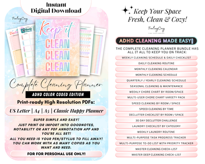 ADHD Cleaning Planner Bundle: Cleaning Checklist | Family Chore Chart | Declutter | Deep-Cleaning Schedule