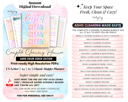 ADHD Cleaning Planner Bundle: Cleaning Checklist | Family Chore Chart | Declutter | Deep-Cleaning Schedule