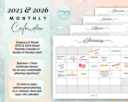 Printable Calendar 2025, 2026 Monthly Calendar template | Daily Planner, Monthly Planner, Hourly Schedule, Weekly Planner, Yearly Planner