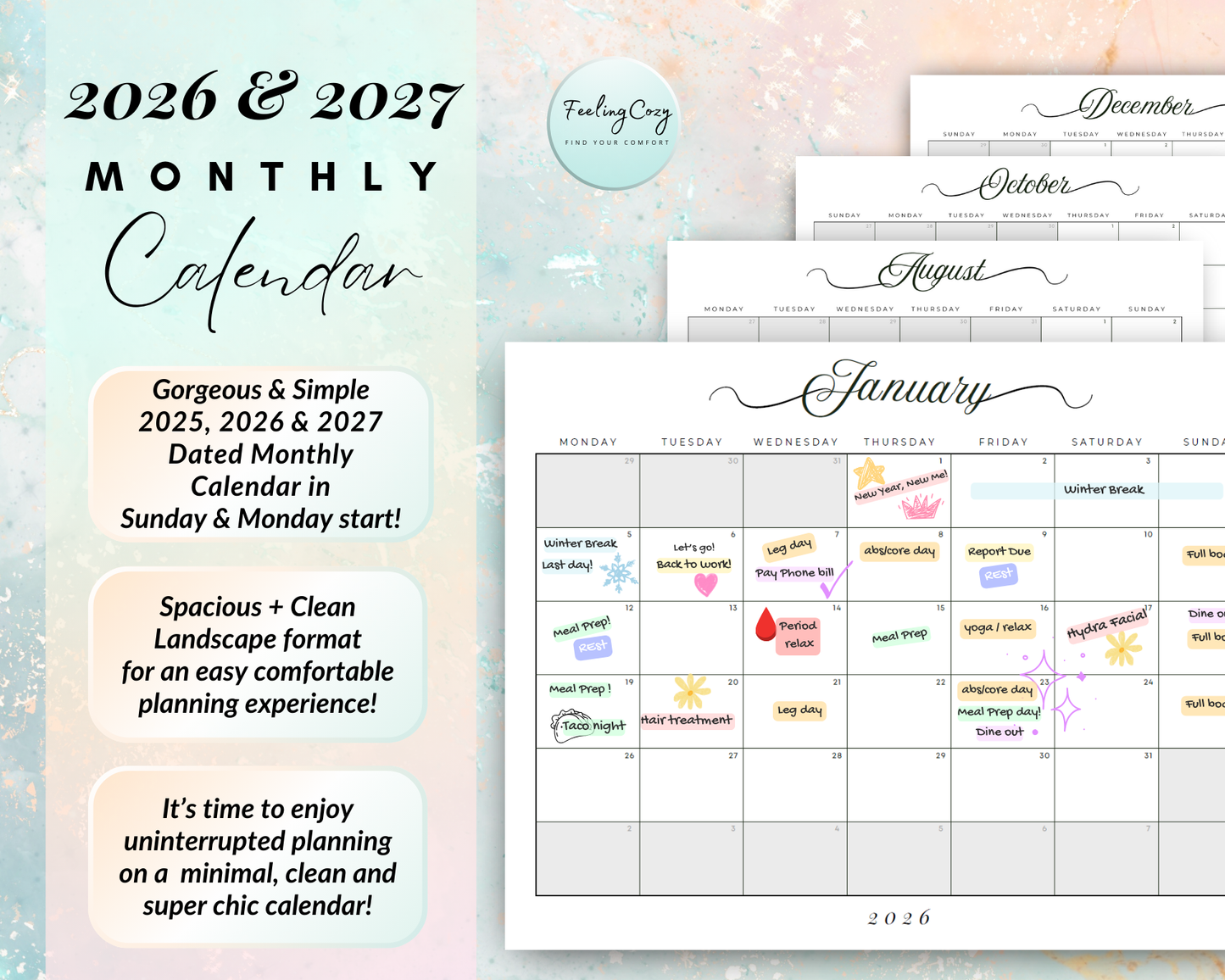 Printable Calendar 2026, 2027 Monthly Calendar template | Daily Planner, Monthly Planner, Hourly Schedule, Weekly Planner, Yearly Planner
