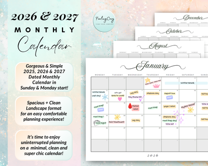 Printable Calendar 2026, 2027 Monthly Calendar template | Daily Planner, Monthly Planner, Hourly Schedule, Weekly Planner, Yearly Planner