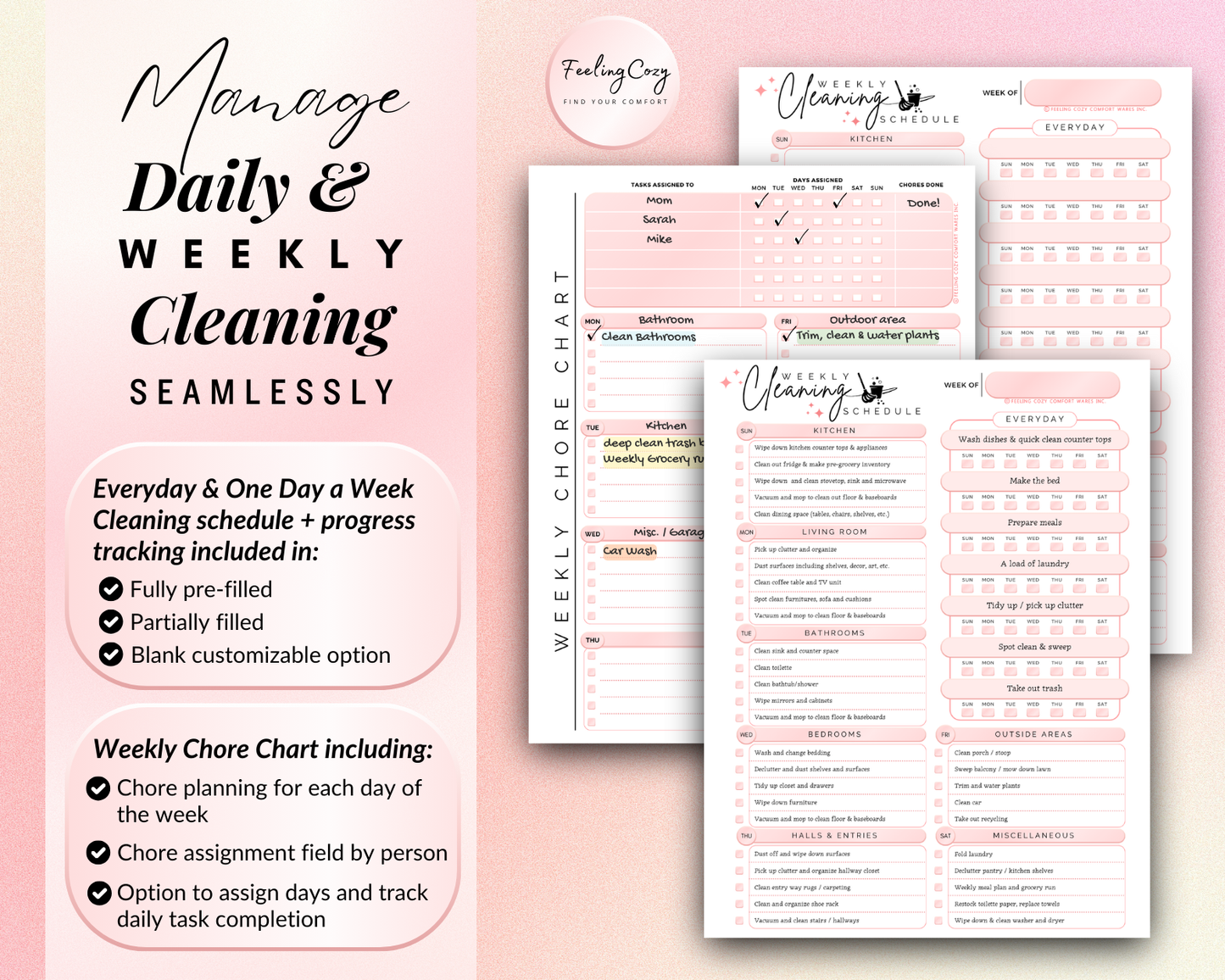 Cleaning Schedule Bundle:  Daily / Weekly / Monthly Home Chore Chart | Cleaning Planner Printable