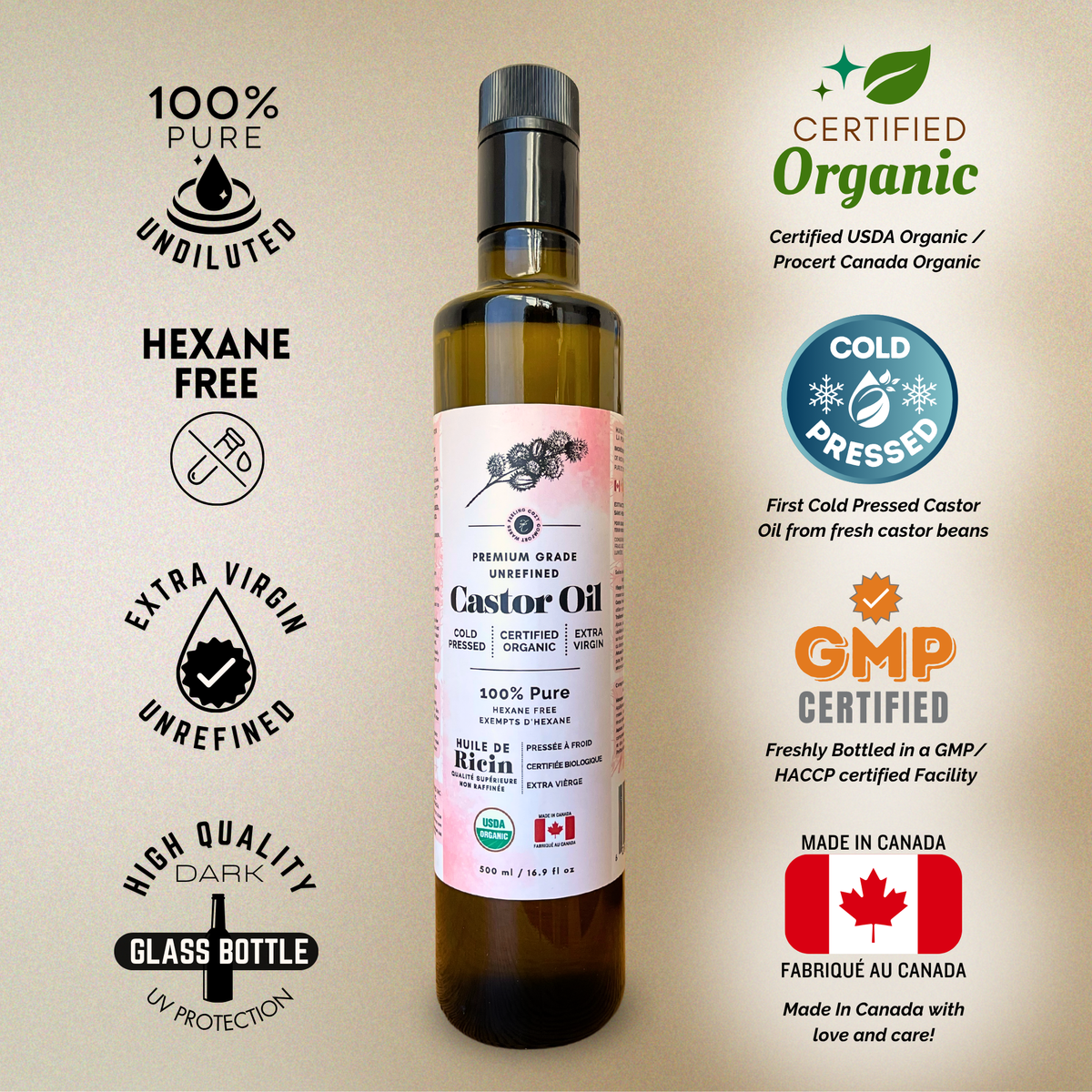Organic Castor Oil in Glass (500ml) | Cold-Pressed & Hexane-Free for Castor Oil Packs, Liver Detox, Hair Growth & Face