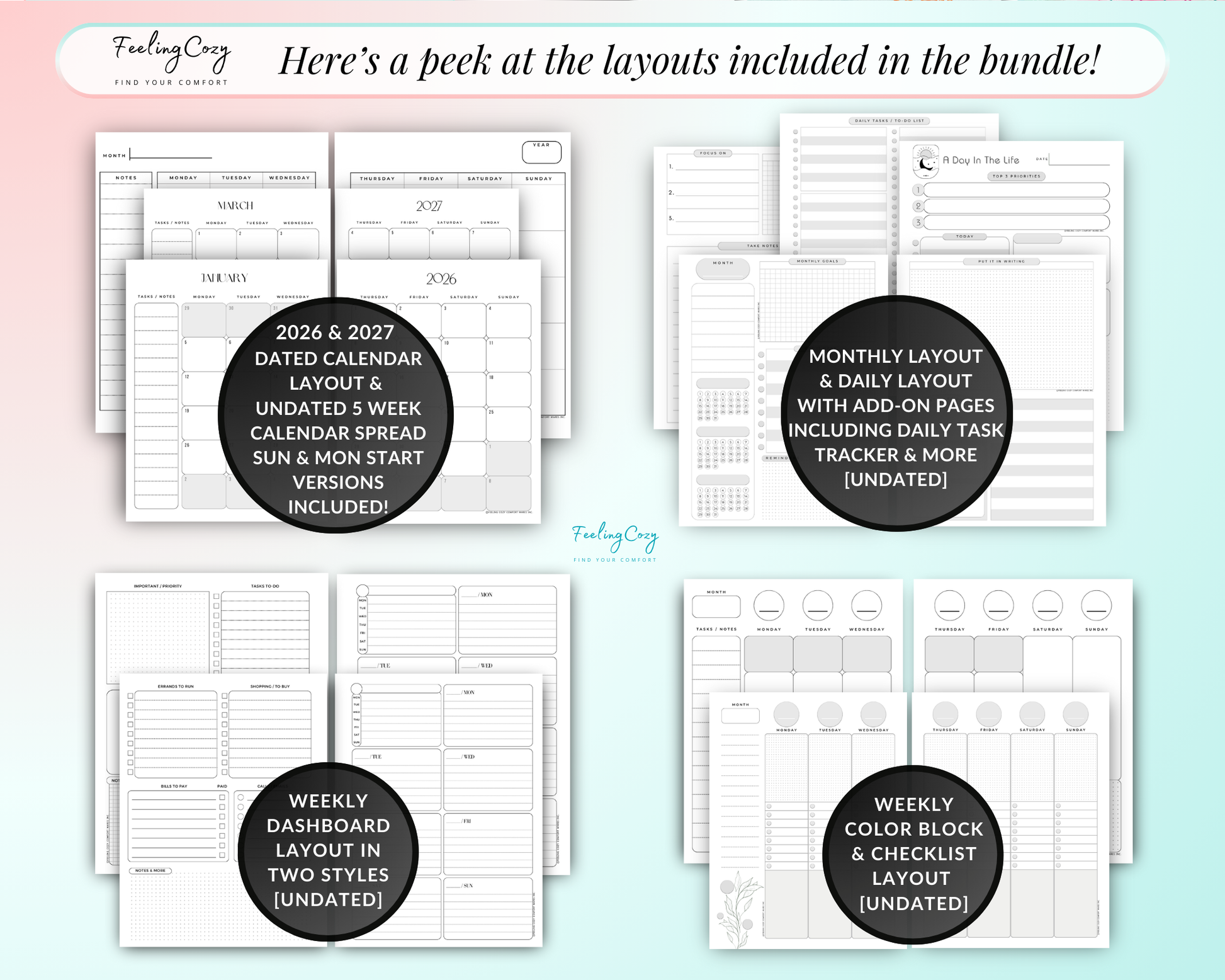 2026 Calendar Layout, monthly Layout, daily layout, weekly dashboard layout, weekly color block layout
