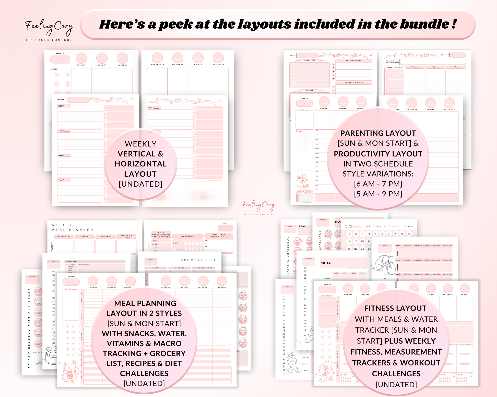 vertical layout, horizontal layout, parenting layout, productivity layout, meal planning layout, fitness layout, workout challenges