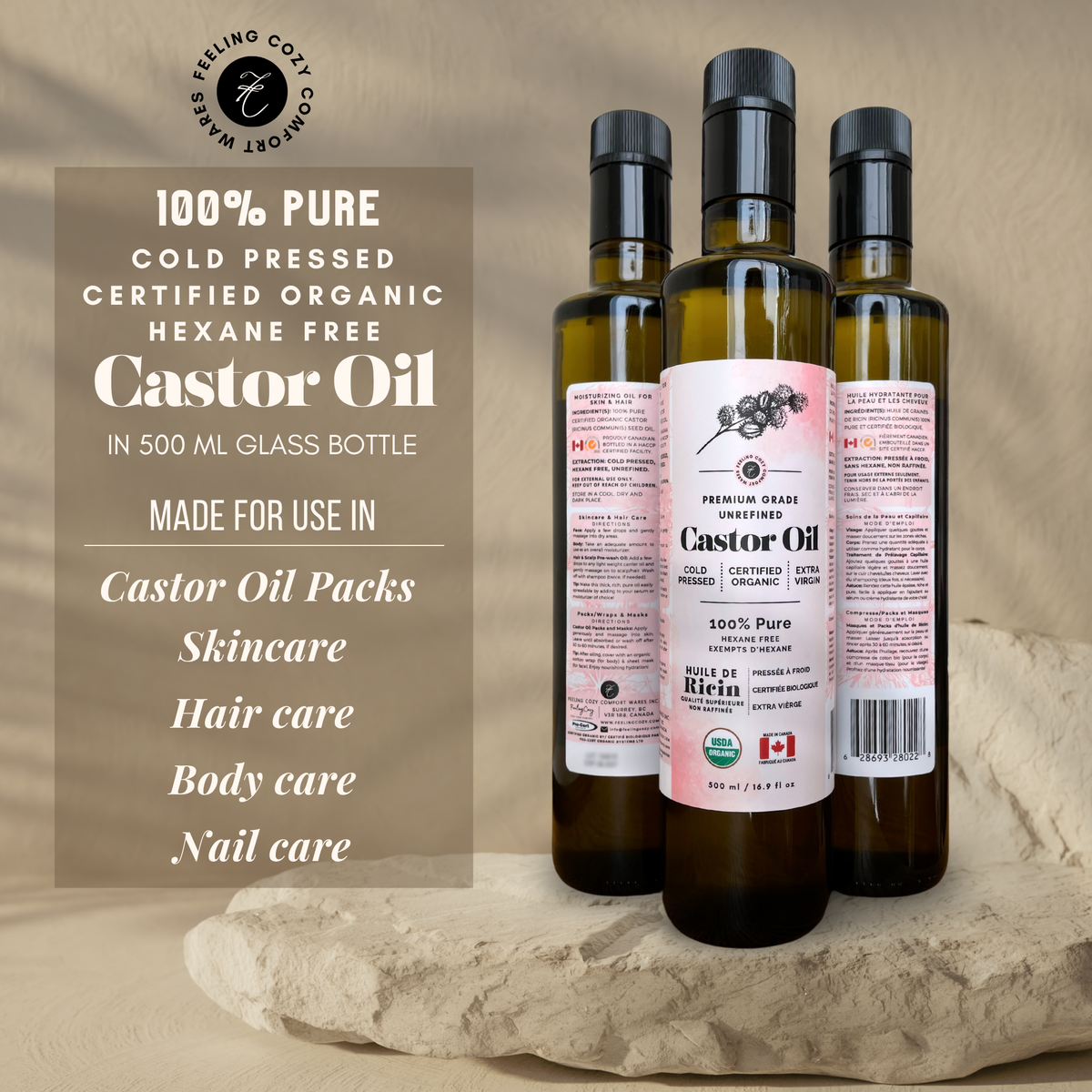 Organic Castor Oil in Glass (500ml) | Cold-Pressed & Hexane-Free for Castor Oil Packs, Liver Detox, Hair Growth & Face