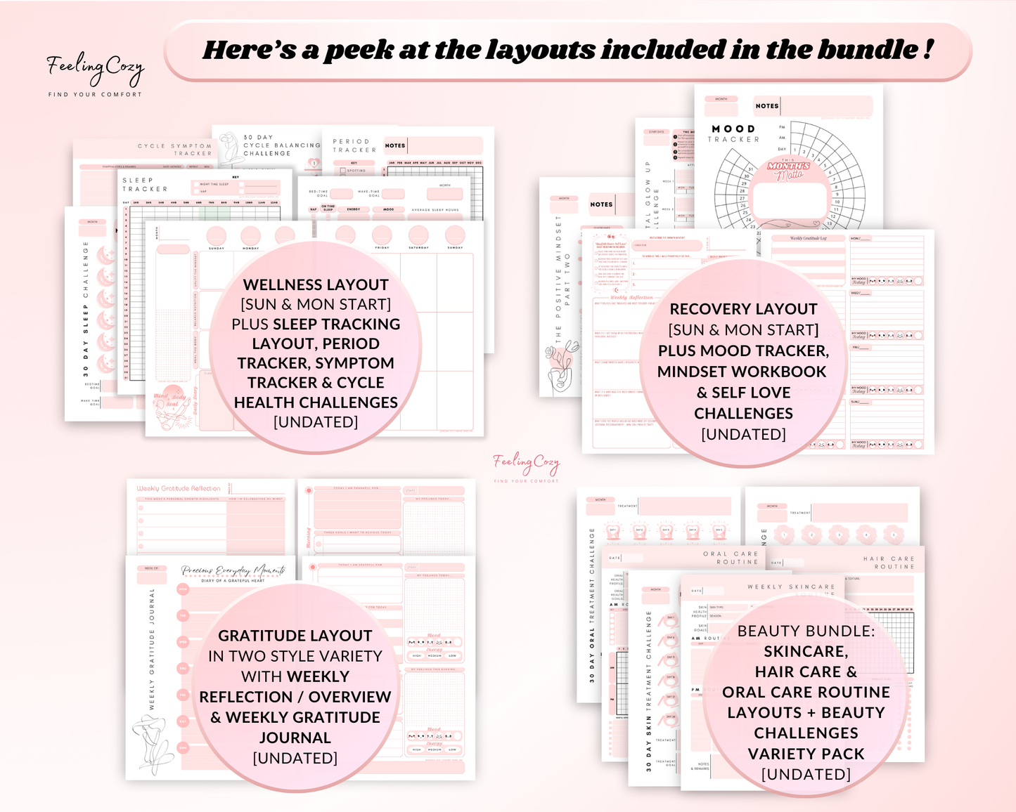 #color_Pink Collection of wellness, recovery, and beauty layout templates on a pink background