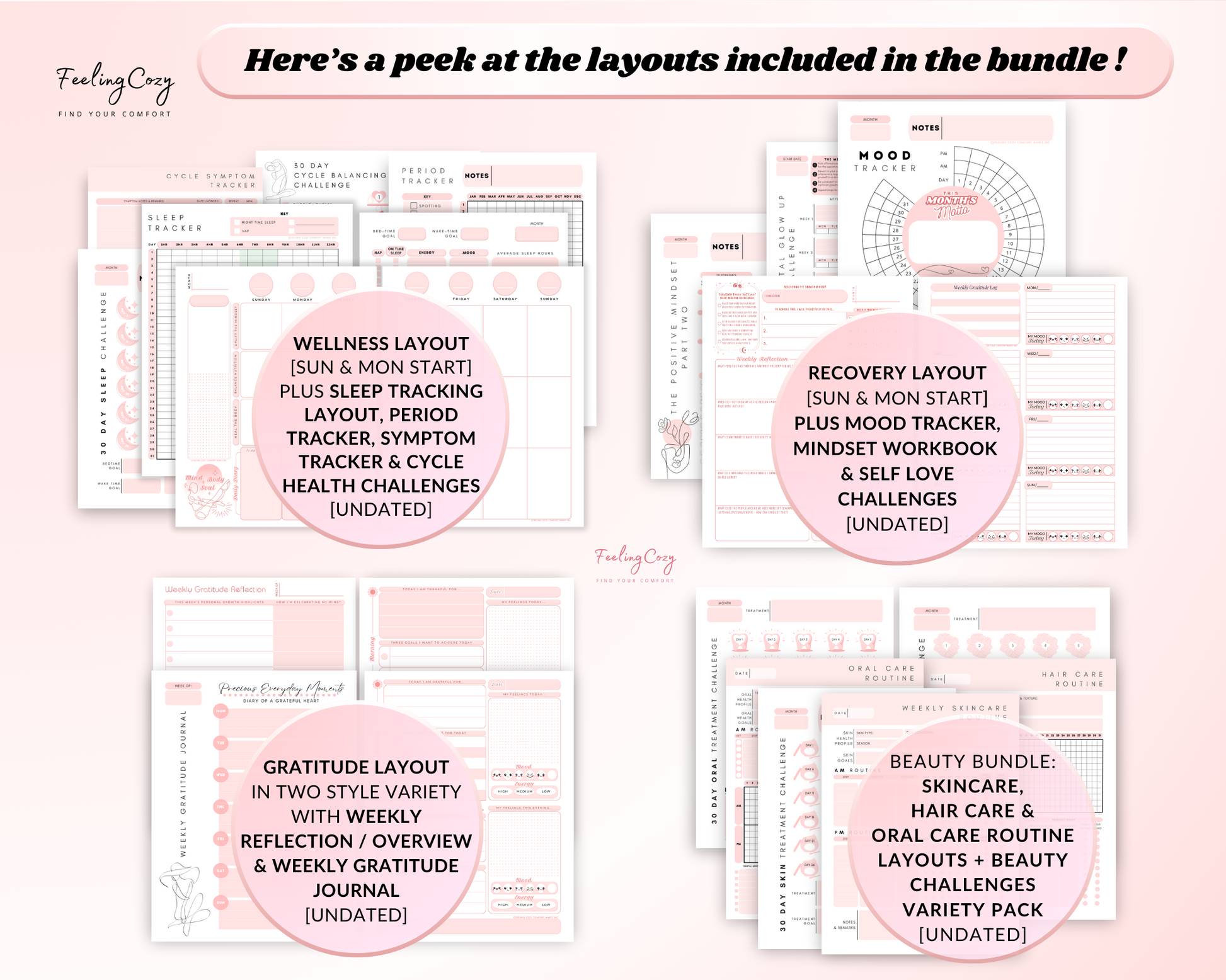 #color_Pink Collection of wellness, recovery, and beauty layout templates on a pink background