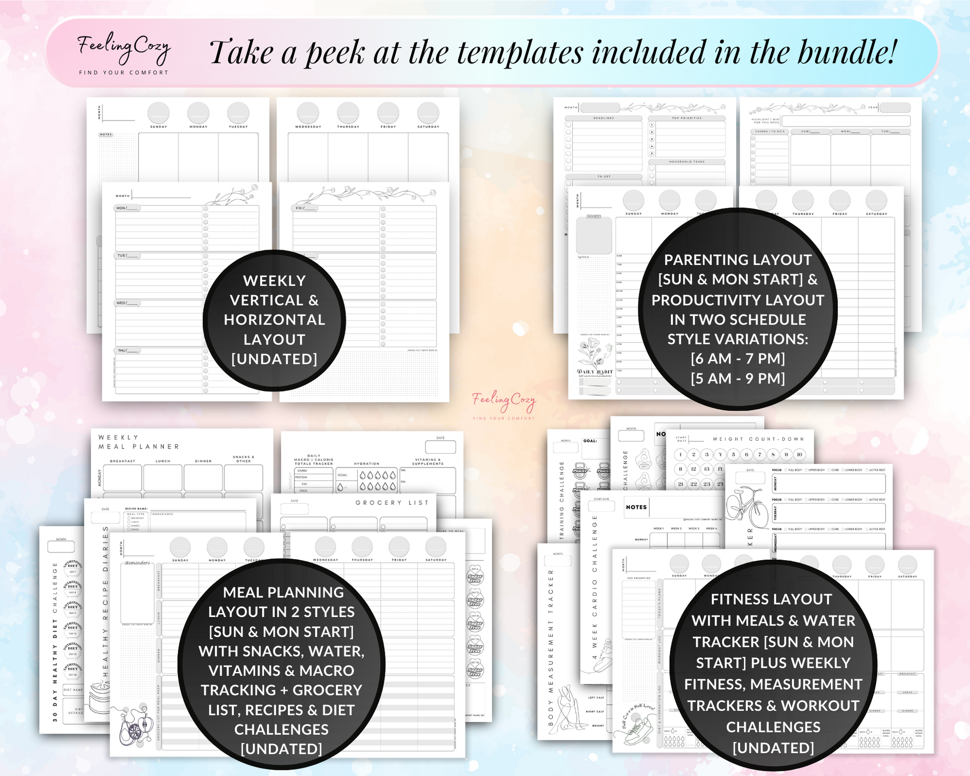 Vertical Layout, Horizontal Layout, Parenting Layout, Productivity Layout, Meal Planning Layout, Grocery List, Fitness Layout, Weekly Fitness Tracker, Workout Challenges