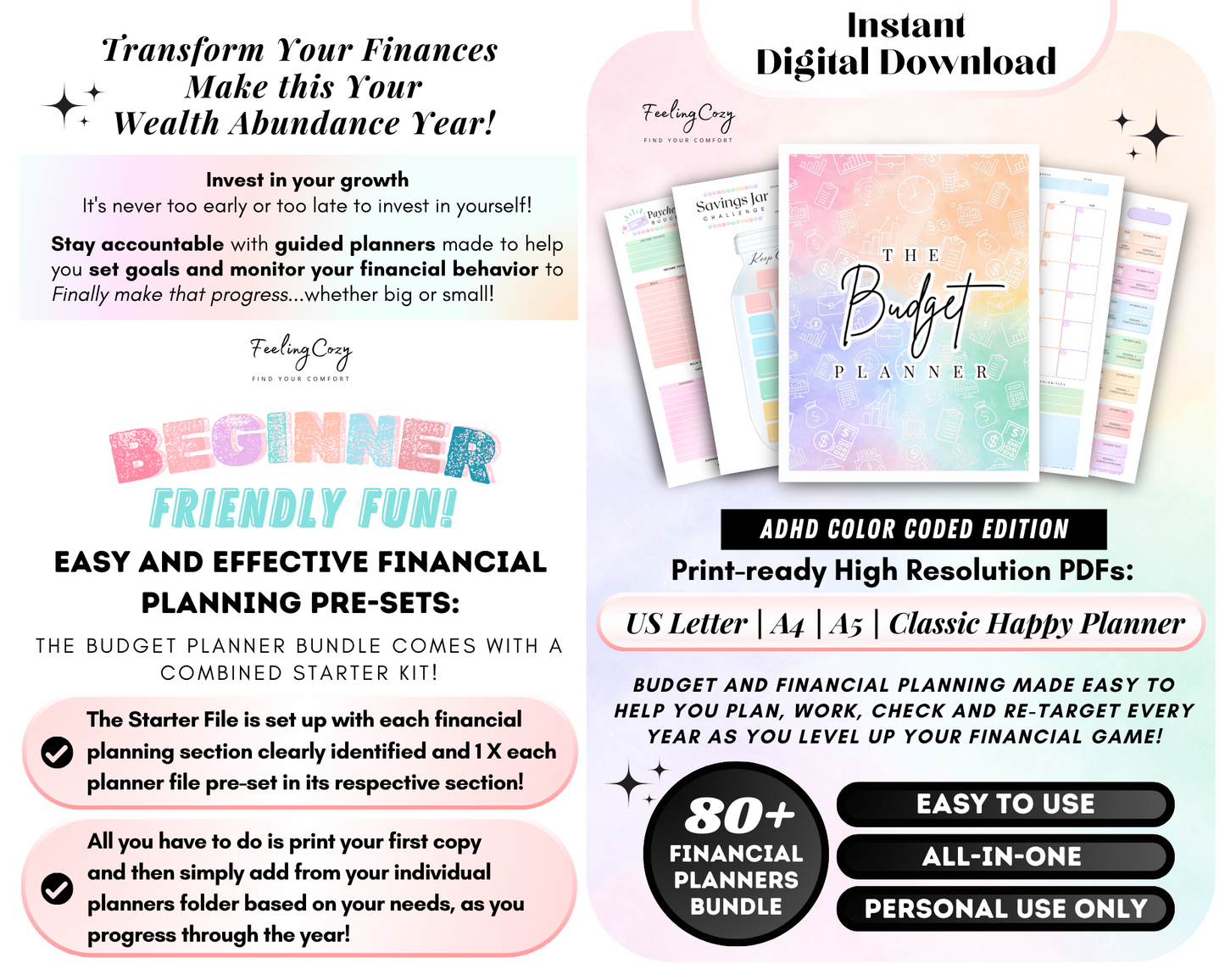 ADHD Budget Planner Printable | Weekly, Biweekly Paycheck Templates, Monthly Financial Planners | A4 A5 Budget Inserts