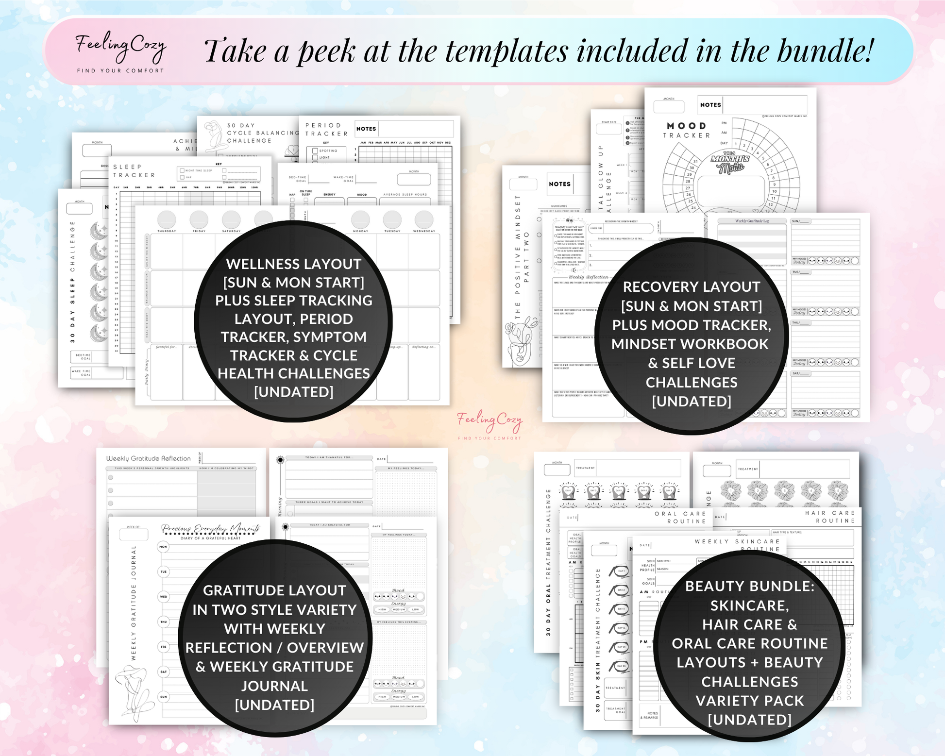Wellness Layout, sleep tracker, Period Tracker, Recovery Layout, Mood Tracker, Mindset Workbook, Gratitude Layout, Skincare Routine, Hair Care Planner, Oral Care Tracker, Beauty Challenges