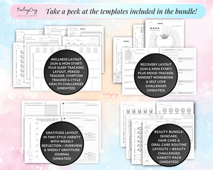 Wellness Layout, sleep tracker, Period Tracker, Recovery Layout, Mood Tracker, Mindset Workbook, Gratitude Layout, Skincare Routine, Hair Care Planner, Oral Care Tracker, Beauty Challenges