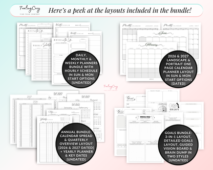 daily planner layout, monthly planner, weekly planner, 2026 Calendar Planner, Quarterly Planner, Goal Planner, Brain dump