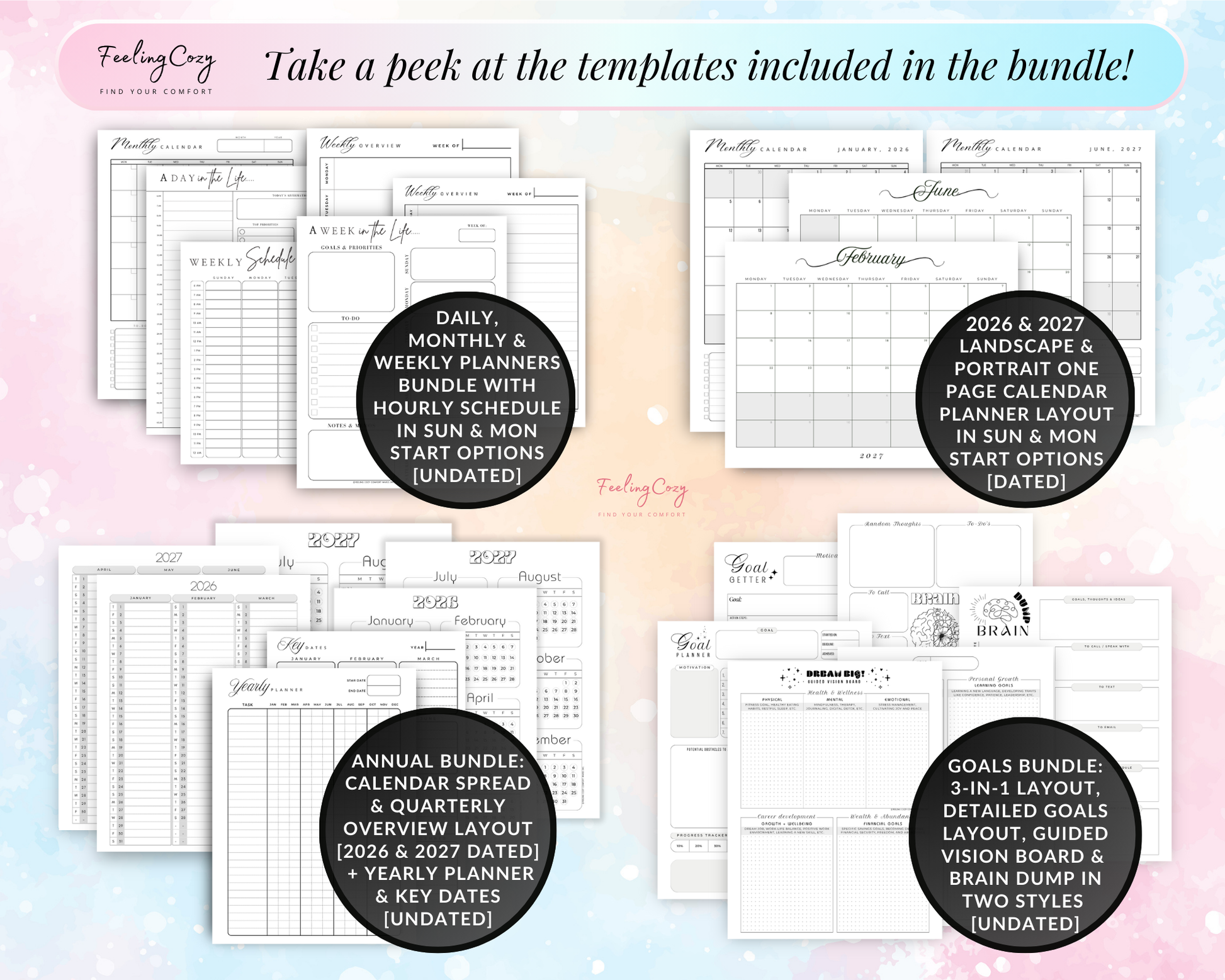 Daily Planner, Weekly Planner, Monthly Planner, Weekly Hourly Planner, 2026 Calendar, 2027 Calendar Planner, 2026 Quarterly Planner Overview, Yearly Planner, Yearly Key dates, Goals layout,  Vision Board, Brain Dump Layout