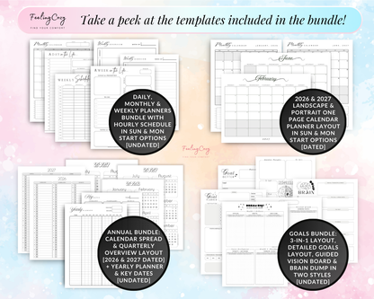Daily Planner, Weekly Planner, Monthly Planner, Weekly Hourly Planner, 2026 Calendar, 2027 Calendar Planner, 2026 Quarterly Planner Overview, Yearly Planner, Yearly Key dates, Goals layout,  Vision Board, Brain Dump Layout