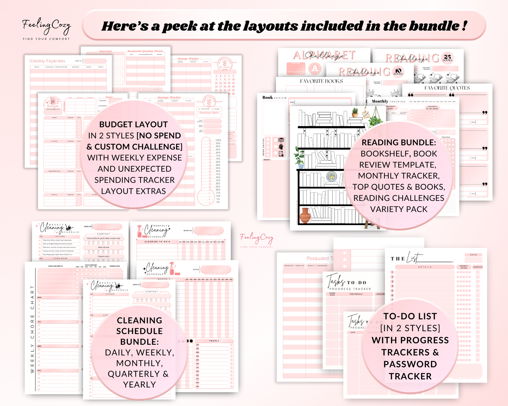 Happy Planner Budget, Budget printable, Budget Layout, reading review template, monthly tracker, reading challenges, cleaning schedule, cleaning chore chart, to do list, password tracker