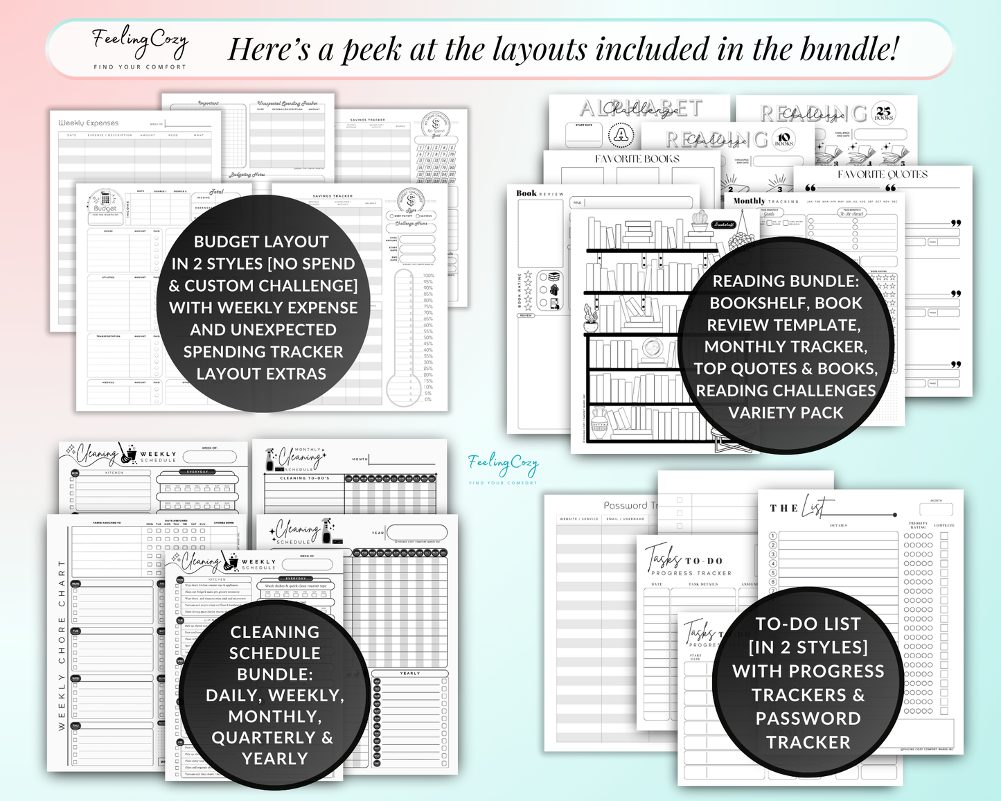 Happy Planner Budget, Budget printable, Budget Layout, reading review template, monthly tracker, reading challenges, cleaning schedule, cleaning chore chart, to do list, password tracker