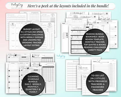 Happy Planner Budget, Budget printable, Budget Layout, reading review template, monthly tracker, reading challenges, cleaning schedule, cleaning chore chart, to do list, password tracker