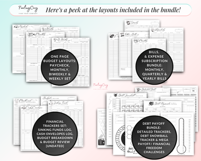 paycheck budget layout, biweekly budget template, monthly budget printable, bill tracker, expense tracker, sinking fund log, cash envelope log, budget breakdown, budget review printable, debt payoff tracker