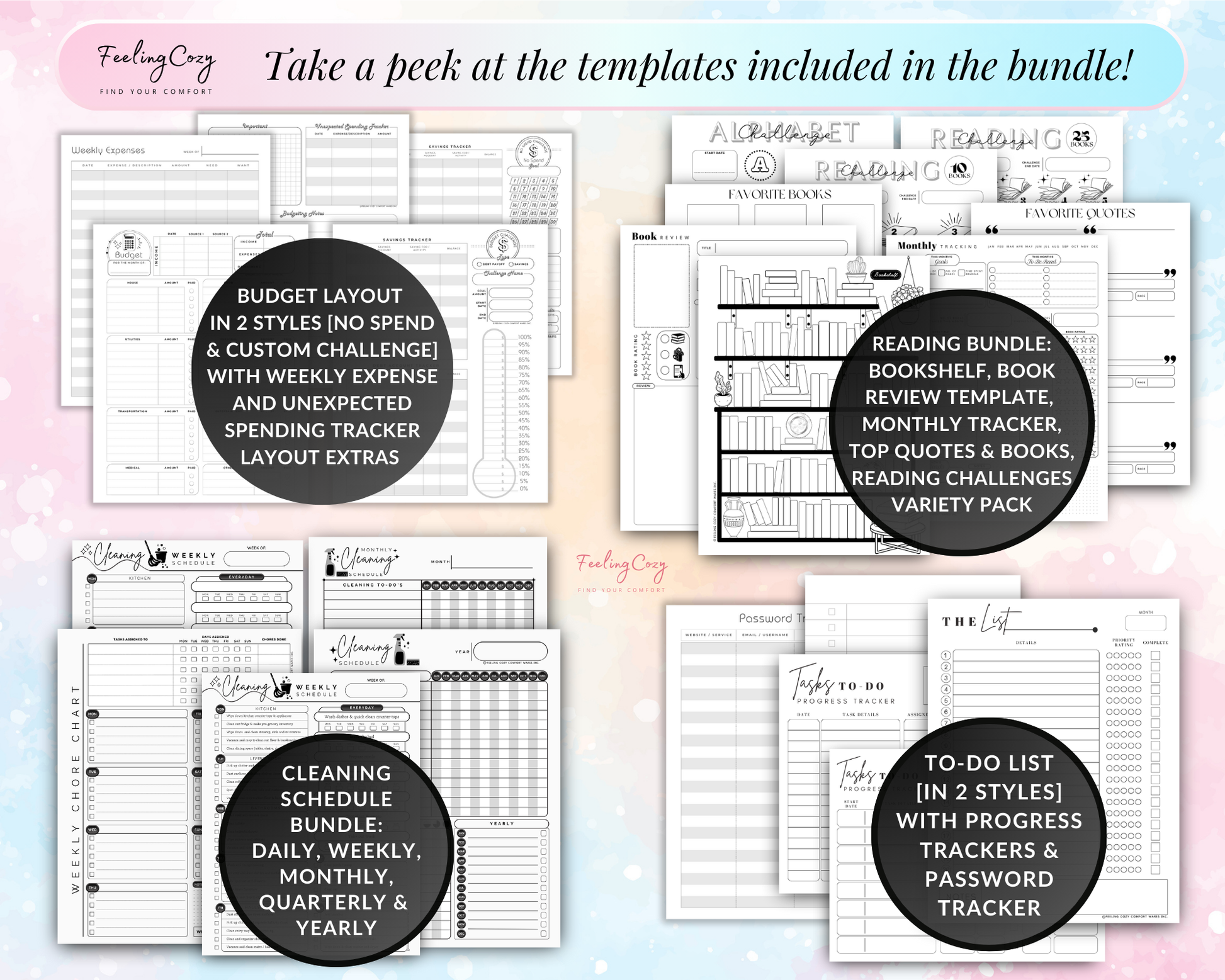 Budget Layout, Weekly Expense, Spending Tracker, Bookshelf, Book review template, Monthly Tracker, Reading Challenges, Cleaning Schedule, Weekly Chore Chart, To do list, Password Tracker