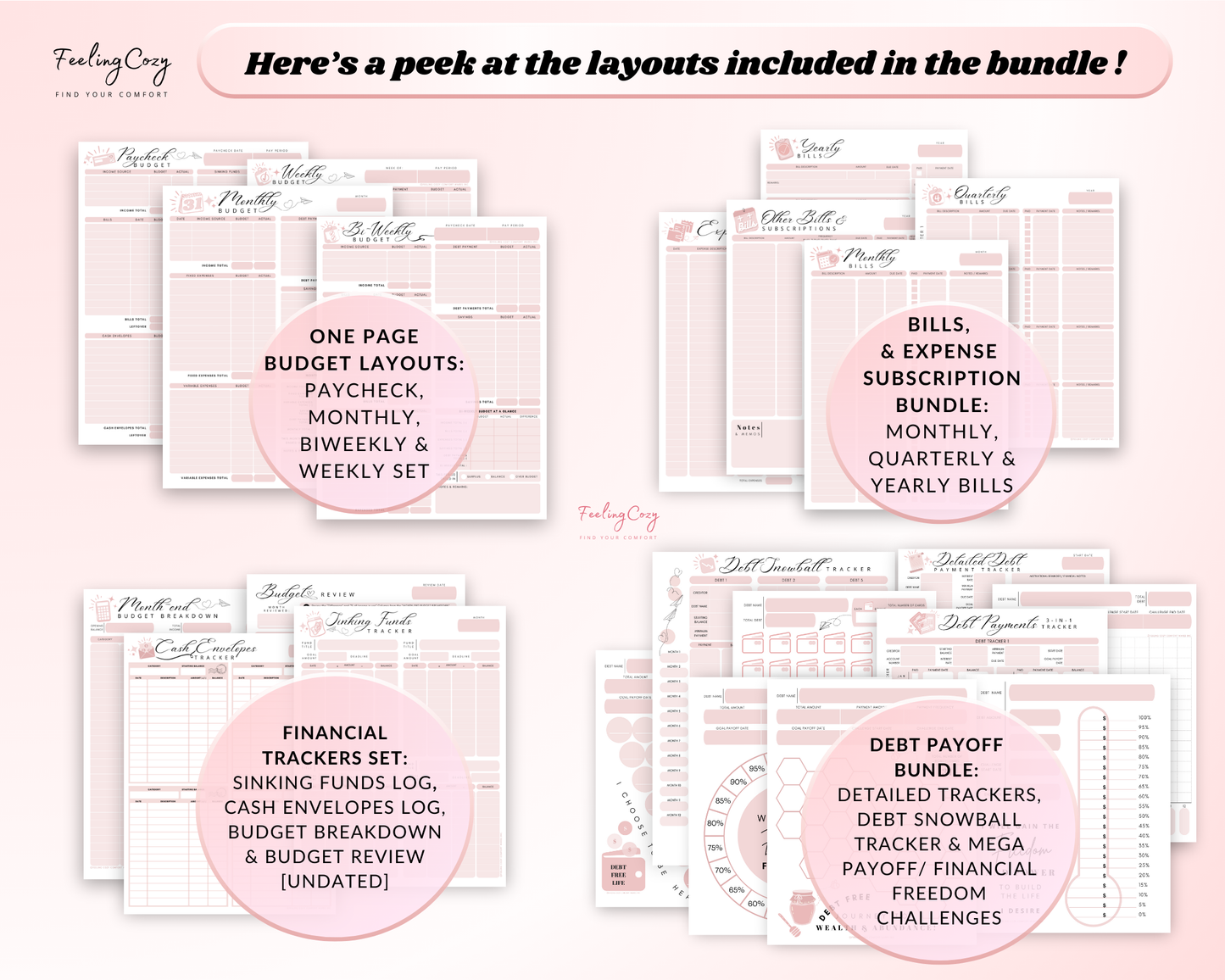 paycheck budget layout, biweekly budget template, monthly budget printable, bill tracker, expense tracker, sinking fund log, cash envelope log, budget breakdown, budget review printable, debt payoff tracker