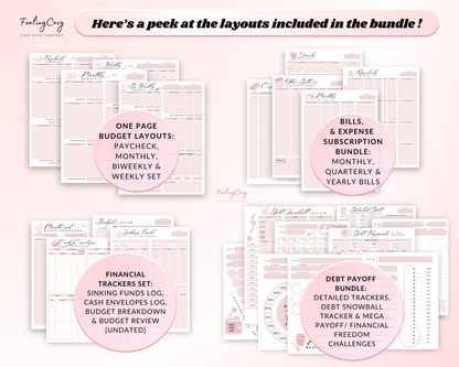 paycheck budget layout, biweekly budget template, monthly budget printable, bill tracker, expense tracker, sinking fund log, cash envelope log, budget breakdown, budget review printable, debt payoff tracker