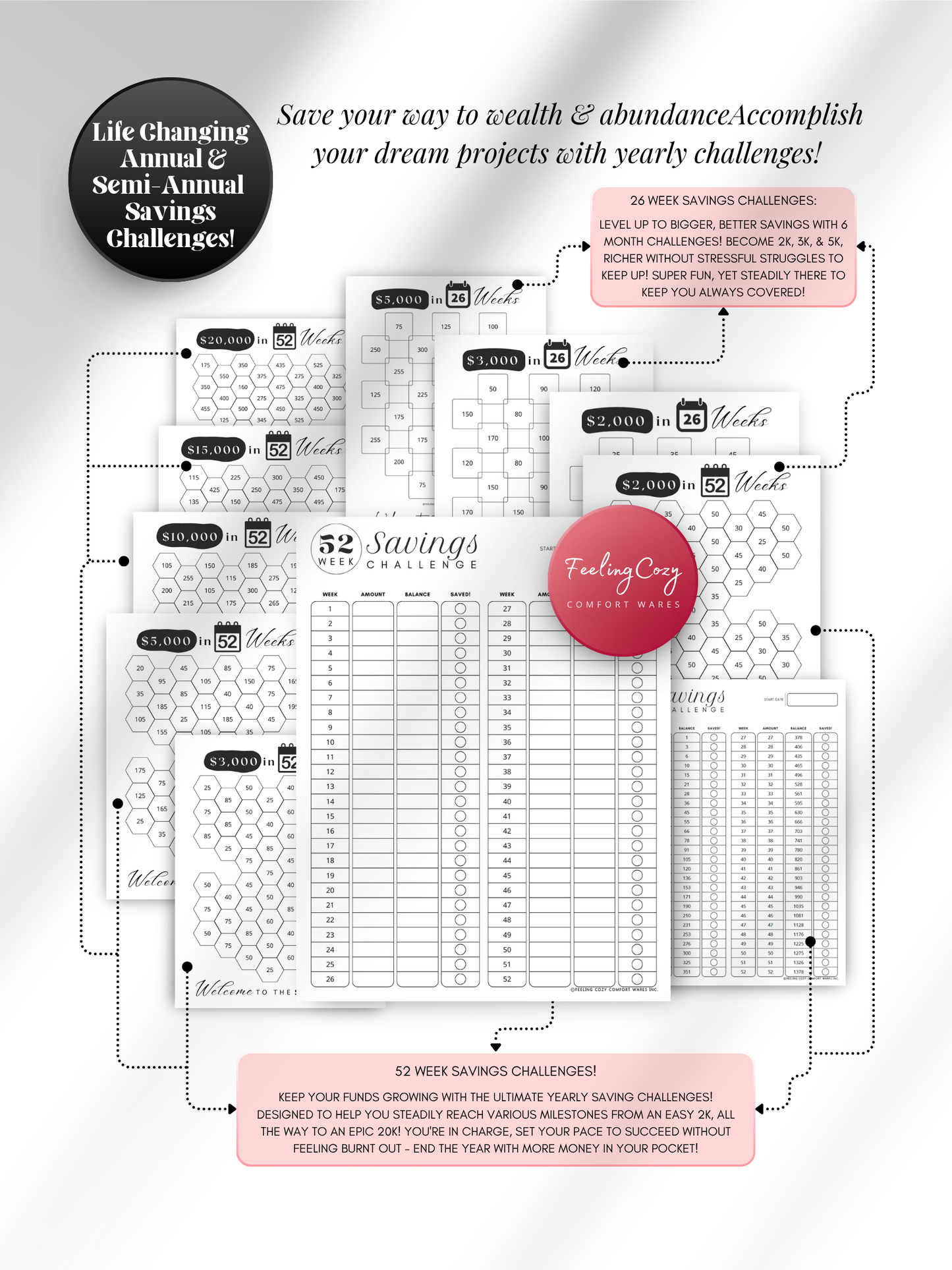 Black & white printable 52-week and 26-week savings challenge trackers — hexagon-style and list-style coloring trackers for goals from $2,000 to $20,000 for print and Goodnotes digital insert use by Feeling Cozy