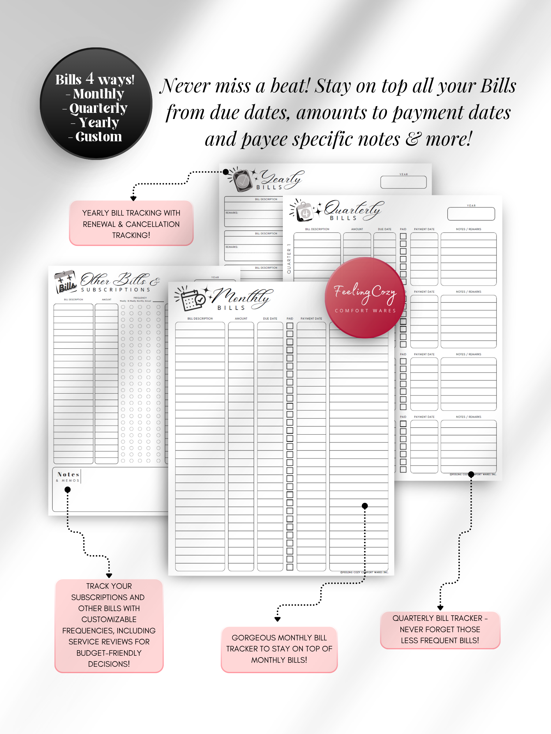 Black & white printable bill payment tracker — monthly, quarterly, yearly and custom bill trackers with subscription management, due date logs, and payee notes for print and Goodnotes digital insert use by Feeling Cozy