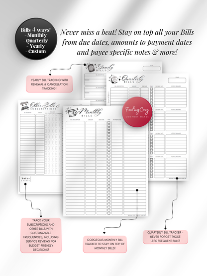 Black & white printable bill payment tracker — monthly, quarterly, yearly and custom bill trackers with subscription management, due date logs, and payee notes for print and Goodnotes digital insert use by Feeling Cozy